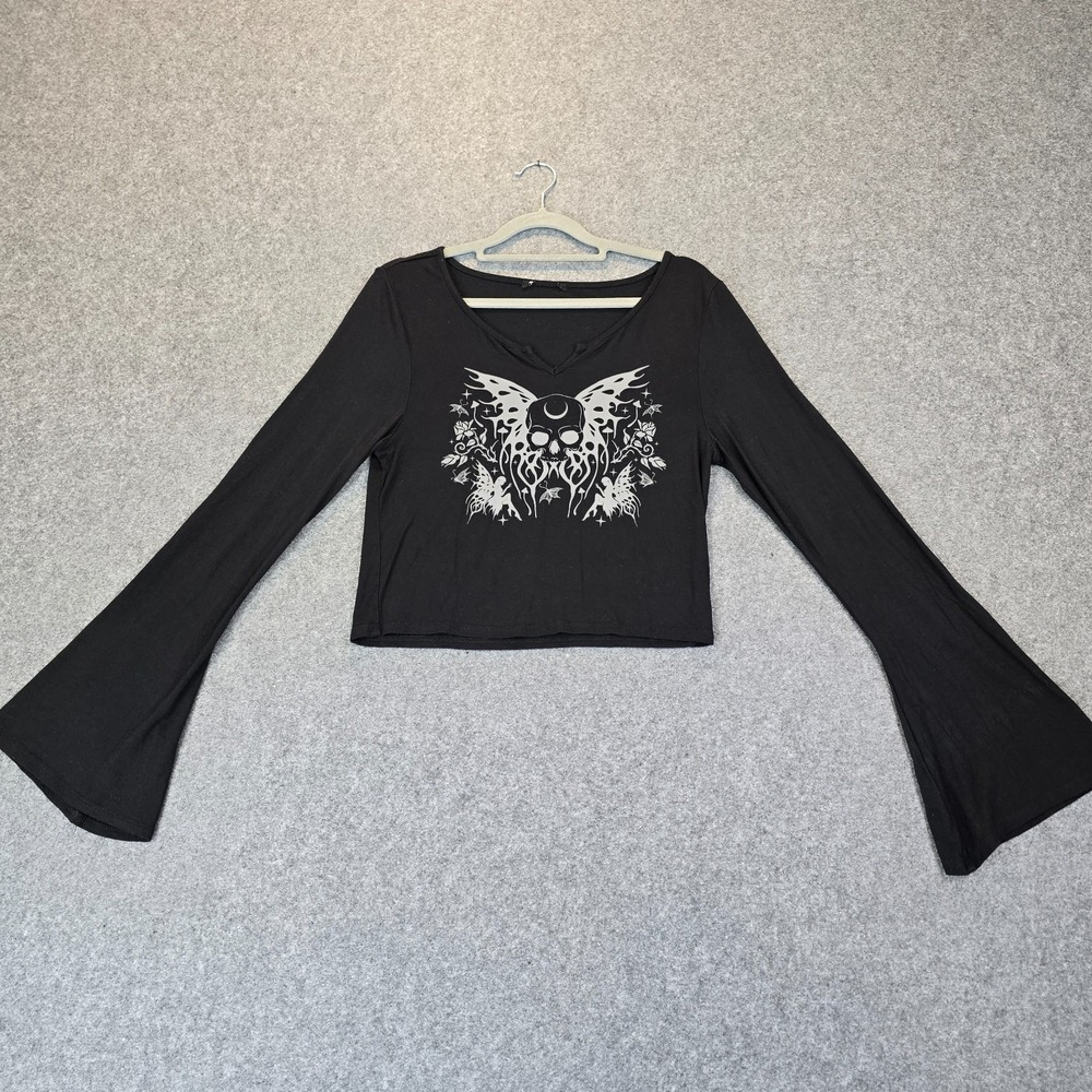 Women Top Black Graphic Print Skull Graphic Print Flounce Sleeve Casual Outdoor